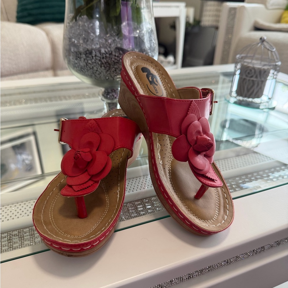 Elegant Red Floral Rosette Women's Wedge Sandals